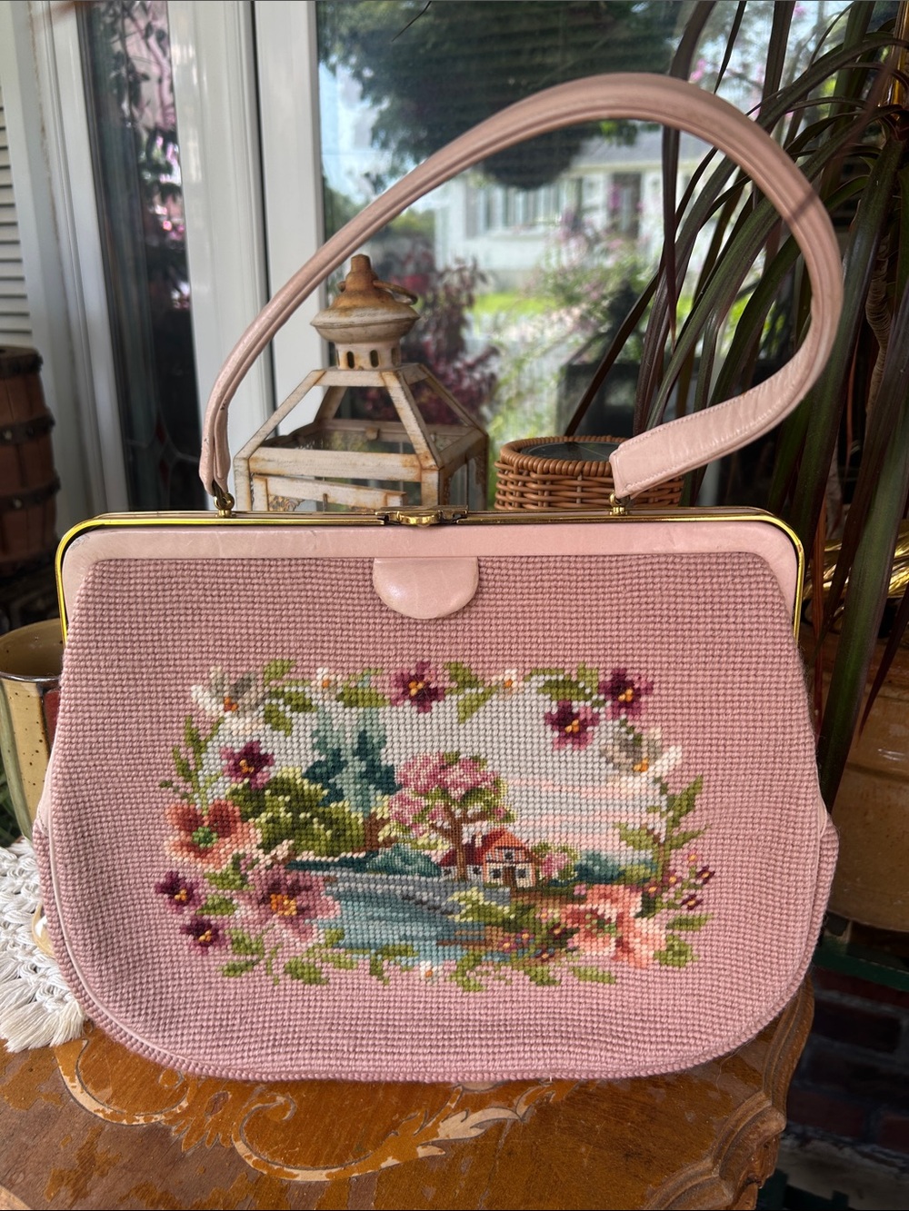 Vintage Pink Floral & Landscape Needlepoint Handbag